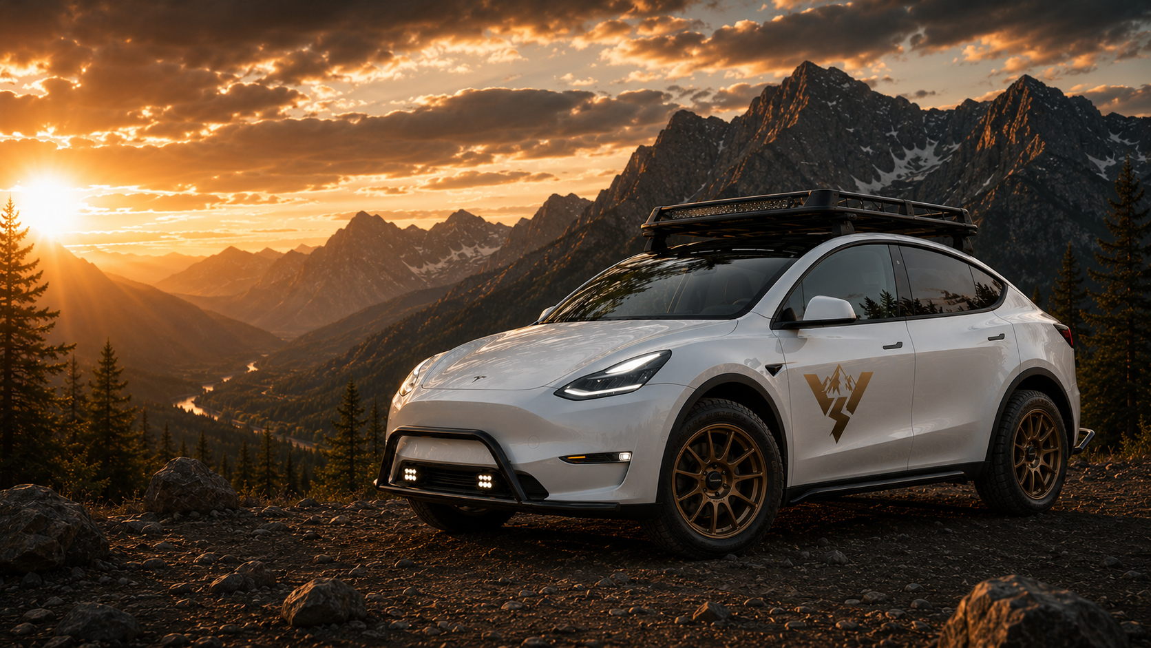 Dream Build Concept of a white adventure-ready Tesla Model Y overlooking a mountain valley at sunset